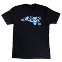 A black t-shirt with a blue silhouette showing the state of North Carolina overlayed with images of amplifiers and the Mojotone logo.