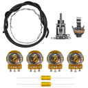 All of the components included in the unassembled Les Paul long shaft wiring kit. This includes parts such as CTS 500K vintage taper long shaft 7% tolerance potentiometers, a Switchcraft mono input jack, Mojotone dijon .022uF capacitors, two feet of shielded four-conductor wire, and one foot of bus wire.